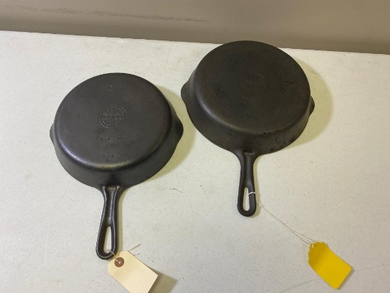 2- Griswold Cast Iron Small Block Logo Skillets, No. 6 and No. 7, Molds 699O and 701