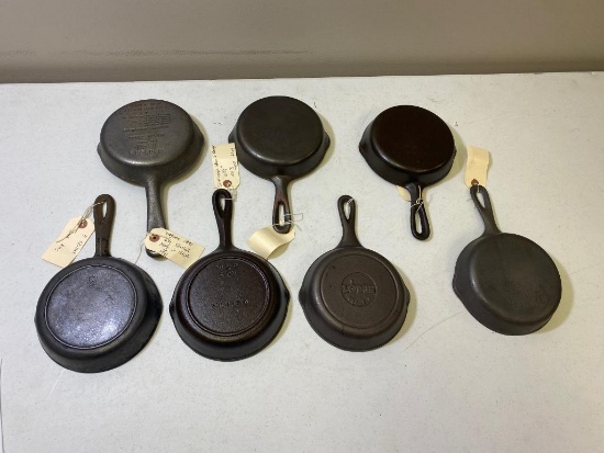 7- No. 3 size Cast Iron Skillets, Lodge, Wagner, and Birmingham