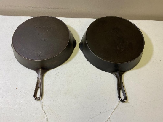2- Wapak Cast Iron Skillets, Nos. 9 and 10, all w/ heat rings