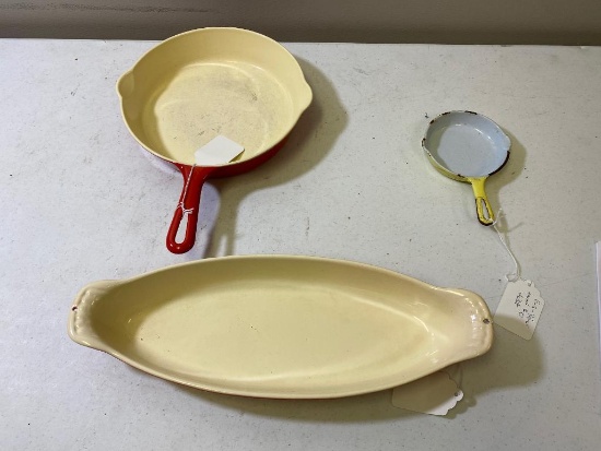 3- Coated enamel Pieces, Griswold No. 0, #82 Fish Service Pan, and No. 7 Skillet