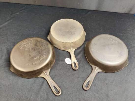 3- #6 Skillets, Wapak and 2 Wagner w/ pie shape logo