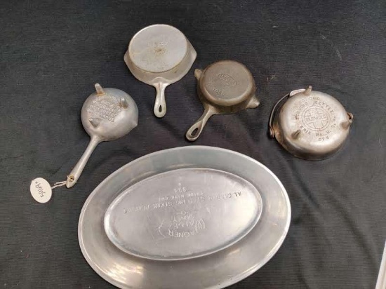 5 piece lot, Wagner steak plate, Sydney #1, Griswold Mini serving kettle