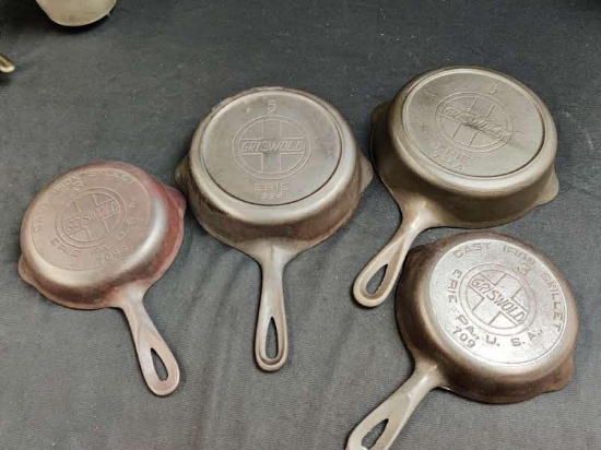 4 Griswold Slant Logo Skillets, 2- #3 and 2- #5
