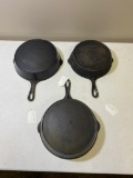 3- Early Favorite Skillets, 2- No. 9 w/ heat ring, and No. 8 w/ heat ring