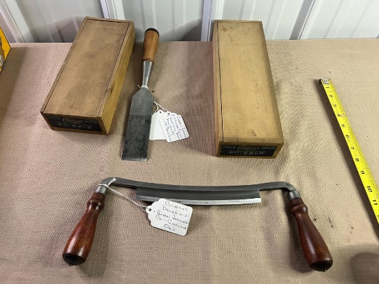 CLEARCUT... ITEMS - 2 CHISEL BOXES, DRAWKNIFE, 1 3/4" CHISEL