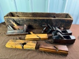 Vintage 33 inch long wooden box with 15 asst. wooden and moulding planes