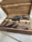 Salesman sample Set sad irons in wooden box