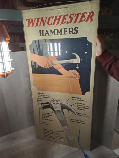 Winchester 2 sided Poster 40 x 18 Hammers and flashlights preserved in plexiglass has minor tear