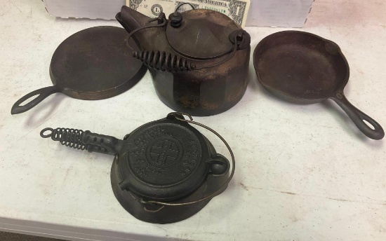 4- Piece Griswold Miniature No. 0 set, griddle, waffle iron, skillet and tea kettle sample set