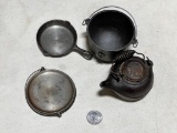 Set of 4 Griswold Miniature Sample cast iron pieces, Skillet, Tea Kettle, 3 Footed kettle, & griddle