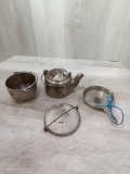 4 piece set miniature cast iron wagner tea kettle 3 leg pot skillet and griddle