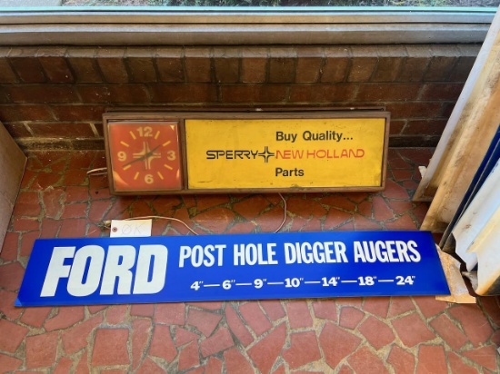 Ford posthole augers display rack sign and Vintage Sperry New Holland Clock
