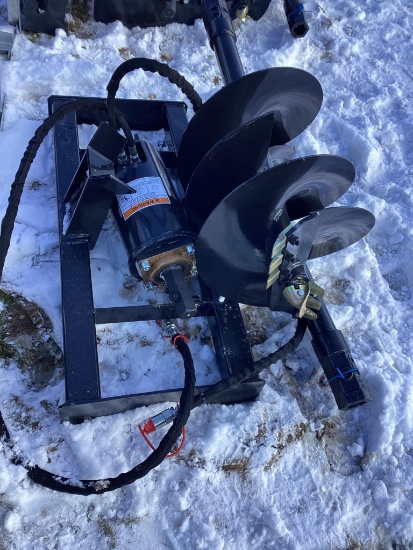 New Unused Wolverine Auger Model ADB-13-1218R Skid Loader Attachment With 8" and 12" Auger Bits