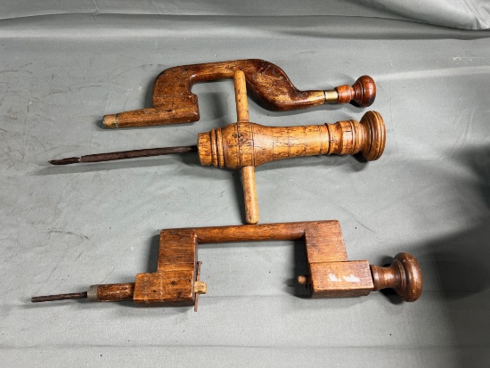2- Wooden Braces and Primitive Yankee Style breast drill made from burl wood
