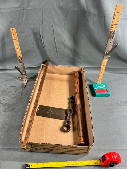 Valve Wrench, wooden height indicators, small bat and square ruler