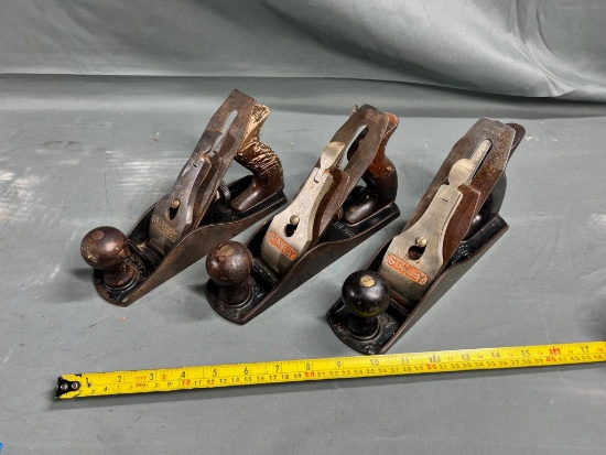 3- Stanley no 4 Hand Planes, usable, all need some restoration, handles are good