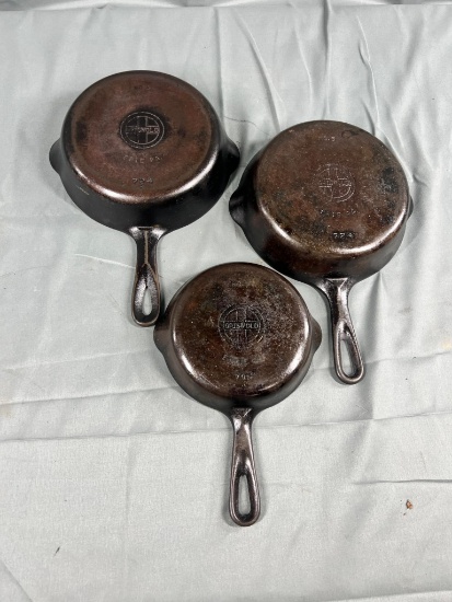 3- Griswold Small Block Skillets, no. 3 and 2- no. 5