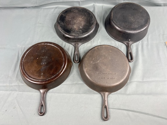4- USA Made Cast Iron skillets, incl a chicken fryer, most are no. 8 size, see pics