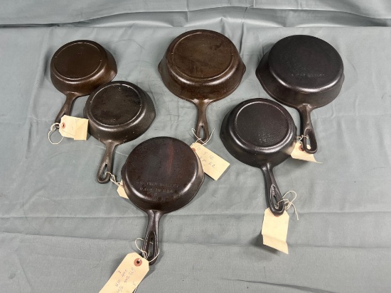 6- No. 3 and 5 Cast Iron Skillets, all USA made