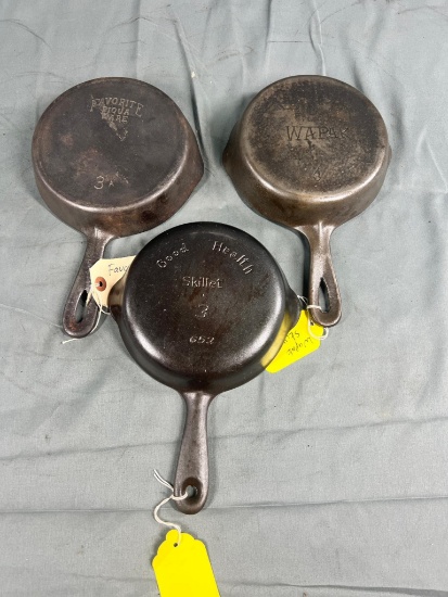 3- No. 3 Cast Iron Skillets, Favorite Piquware, Good Health and Wapak