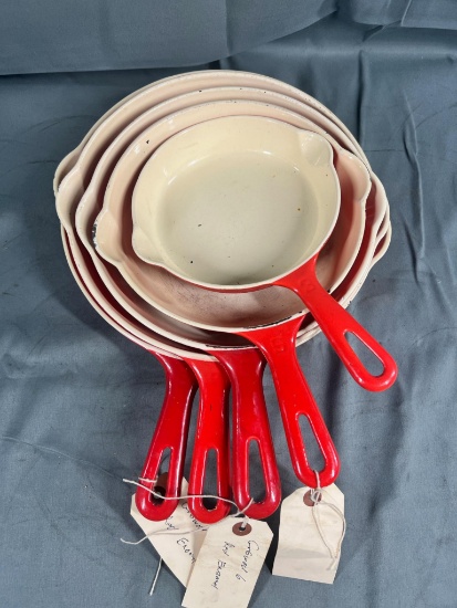 5- Vintage Red Cream Enameled Cast Iron Skillet set nos. 3,5,6,7,8