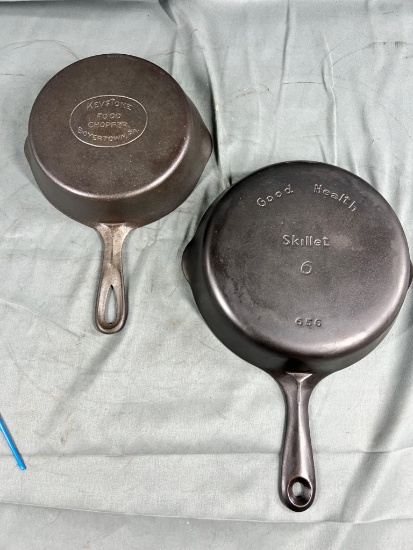 Keystone Food Chopper No. 5 cast iron skillet, and no. 6 Good Health Cast Iron Skillet