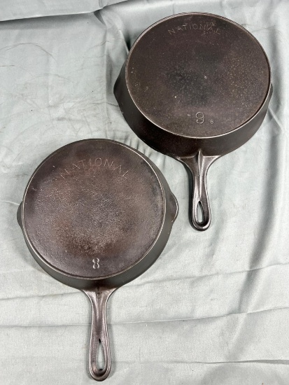 National No. 8 and 9 Cast Iron Skillets w/ heat ring