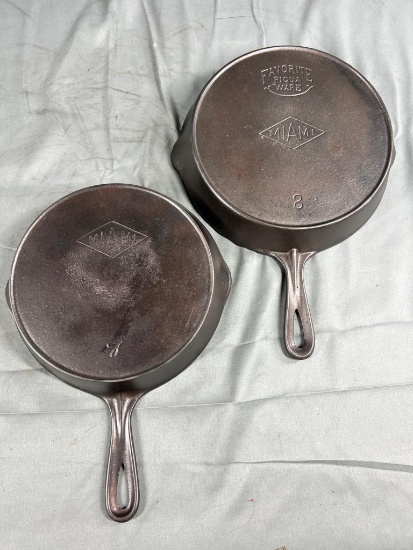 Miami No. 8 Cast Iron Skillet w/ heat ring (dual marked) and Miami no. 7 cast Iron Skillet
