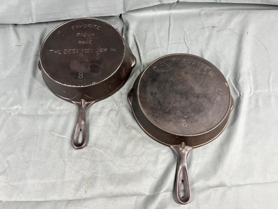 2- favorite no. 8 Cast Iron Skillets, both w/ older markings, both have heat rings