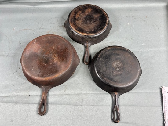 3- Griswold Cast Iron Skillets, No. 7 and 9 Small Block, and Slant no. 8 (slight wobble to no. 8)