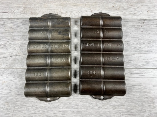 2- Vintage Griswold No 11 (950) Cast Iron French Roll Baking Gem Pans