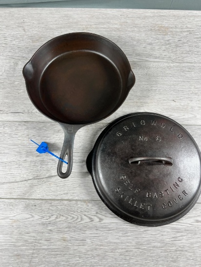 Griswold No. 8 Cast Iron Skillet, Large Block logo w/ Griswold Skillet Cover