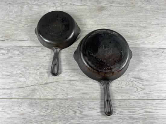 Griswold No. 3 and 5 small block logo cast iron skillets
