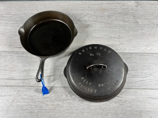 Griswold No. 10 Cast Iron Skillet, Large Block logo AND No. 10 Griswold Skillet Cover!