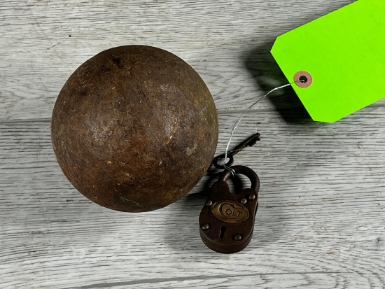 Large Cannon Ball and Colt Labeled Padlock w/ key