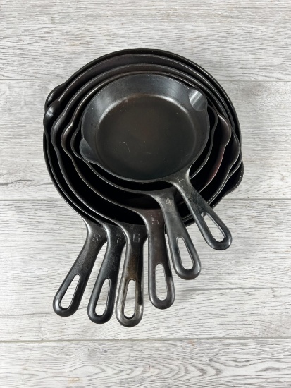 Griswold Skillet Set w/ small block logo and grooved handles, 3,4,5,6,7,8