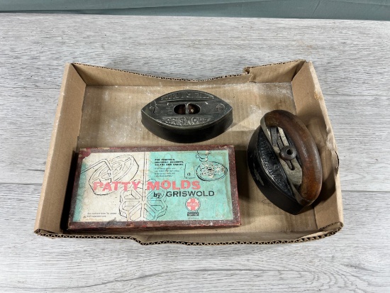 2 Griswold Iron Sad Irons and Patty Mold set