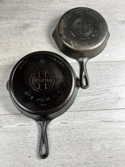2- Griswold Large Block Skillets, no. 6 and 8, 8 has heat ring