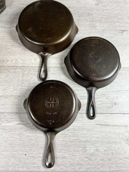 3- Griswold Small Block Logo Cast Iron Skillets, no. 5,6 and 8
