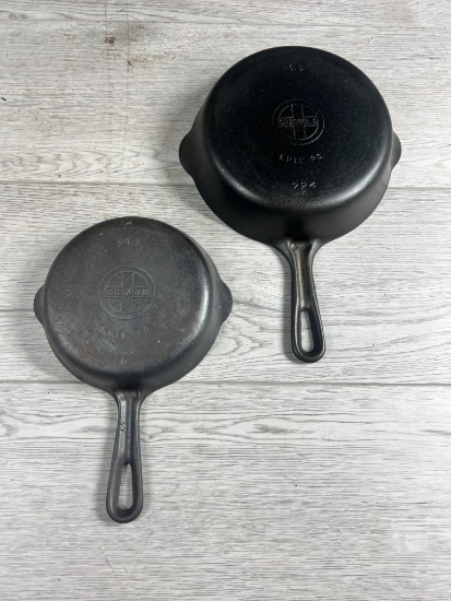 2- Griswold Small Block logo Cast Iron Skillets, nos. 3 and 5
