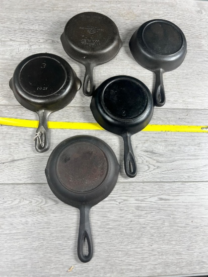 5- No. 3 Cast Iron Skillets, all USA made