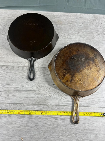 Wagner no,. 9 and 10 cast iron skillets w/ heat rings