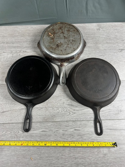 3- No. 8 Cast Iron Skillets including a large block Griswold