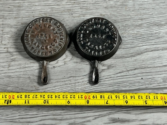 Pair of Miniature Advertising Skillets from Home Comfort Souvenir / Toronto by Wrought Iron & Range