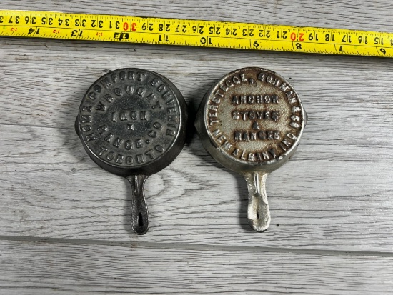 Pair of Miniature Advertising Skillets from Home Comfort Souvenir one from Toronto, one from Indiana