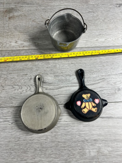 Cast Iron Ashtray, Miniature Skillet and Wagner Kettle