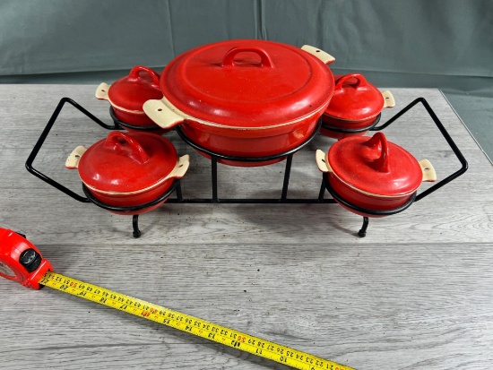 Griswold Enameled Dutch Oven set w/ holder and matching lids for all pieces