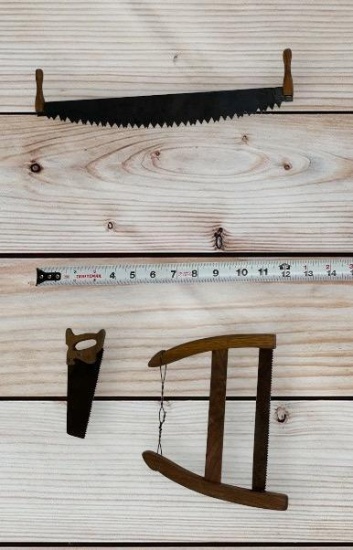 3- Miniature Saws, Crosscut, Bucksaw and Handsaw, see tape measure for size reference