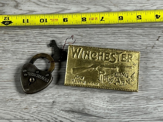Winchester branded padlock and belt buckle