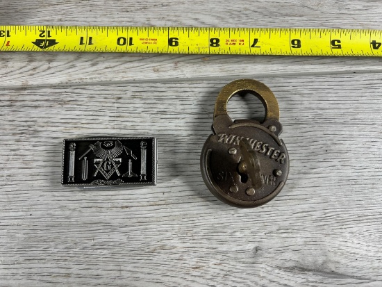 Winchester branded Padlock and Masonic money clip/ knife